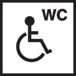 Piktogram. Ludzik na wózku. W prawym górnym rogu napis WC.