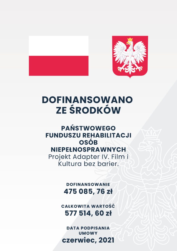 Kolorowy plakat informacyjny do projektu Adapter cztery. Film i kultura bez barier.