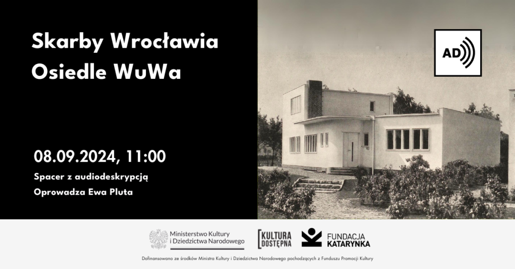 Kolorowa grafika zapowiadająca spacer. Po prawej zdjęcie w sepii dawnego hotelowego domu dla osób samotnych i małżeństw bezdzietnych. Poniżej logotypy: Ministerstwo Kultury i Dziedzictwa Narodowego, Kultura Dostępna, Fundacja Katarynka.