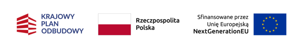 Grafika przedstawia trzy logotypy w jednym rzędzie: Po lewej stronie czerwono-niebieskie logo z napisem „KRAJOWY PLAN ODBUDOWY”. Na środku flaga Polski obok napisu „Rzeczpospolita Polska”. Po prawej stronie flaga Unii Europejskiej z napisem „Sfinansowane przez Unię Europejską NextGenerationEU”.